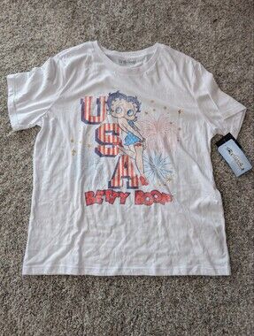 NWT Betty Boop USA Patriotic Graphic Tee Size L 4th of July White Shirt